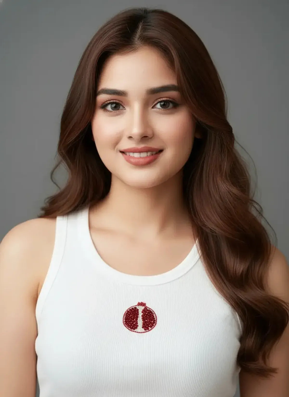 White Cotton Pomegranate Beaded Rib Tank Top for Women