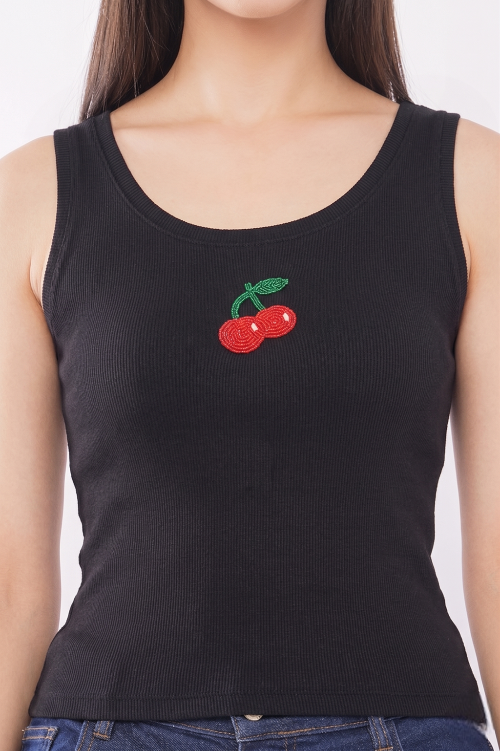 Black tank top with cherry design on a white background