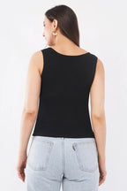 Women's black cotton rib tank top featuring a hand-beaded noodle bowl motif by CherryPop.