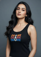 Women's black cotton ribbed scoop neck tank top featuring a handcrafted beaded Drink Drank Drunk statement design by CherryPop.