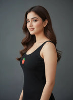Black Cotton Strawberry Beaded Rib Tank Top for Women