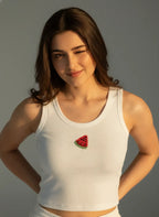 Women's white cotton ribbed tank top featuring a handcrafted watermelon motif by CherryPop.