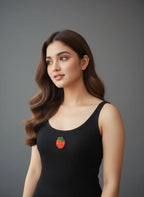 Black Cotton Strawberry Beaded Rib Tank Top for Women