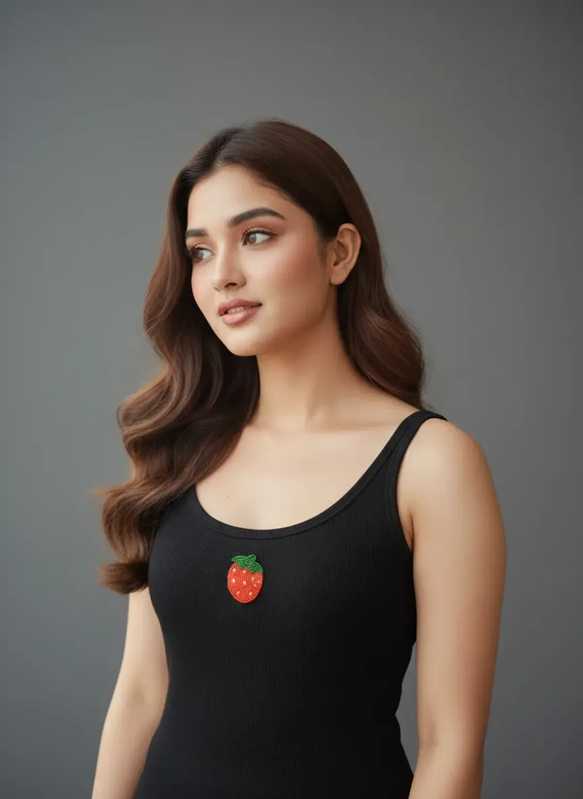 Black Cotton Strawberry Beaded Rib Tank Top for Women