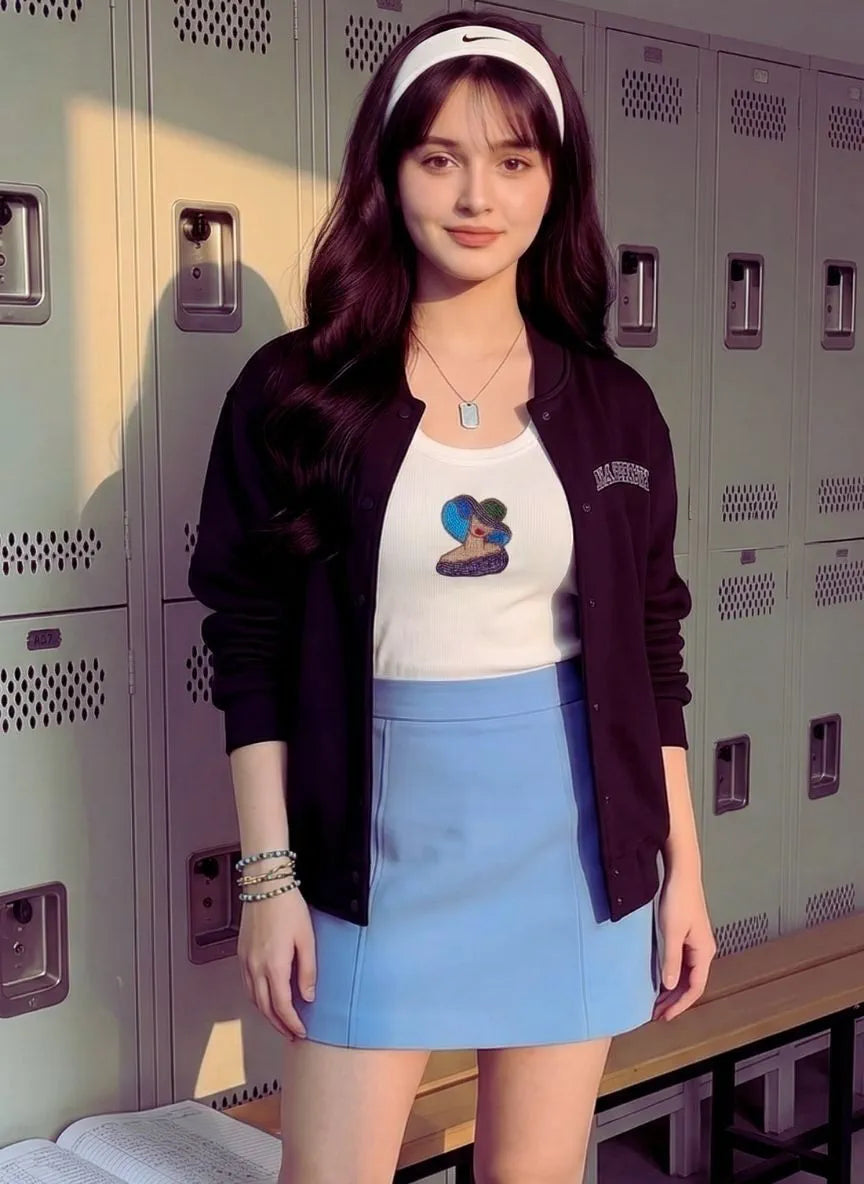 Person wearing a white shirt with a graphic design, blue skirt, and dark jacket in front of lockers.