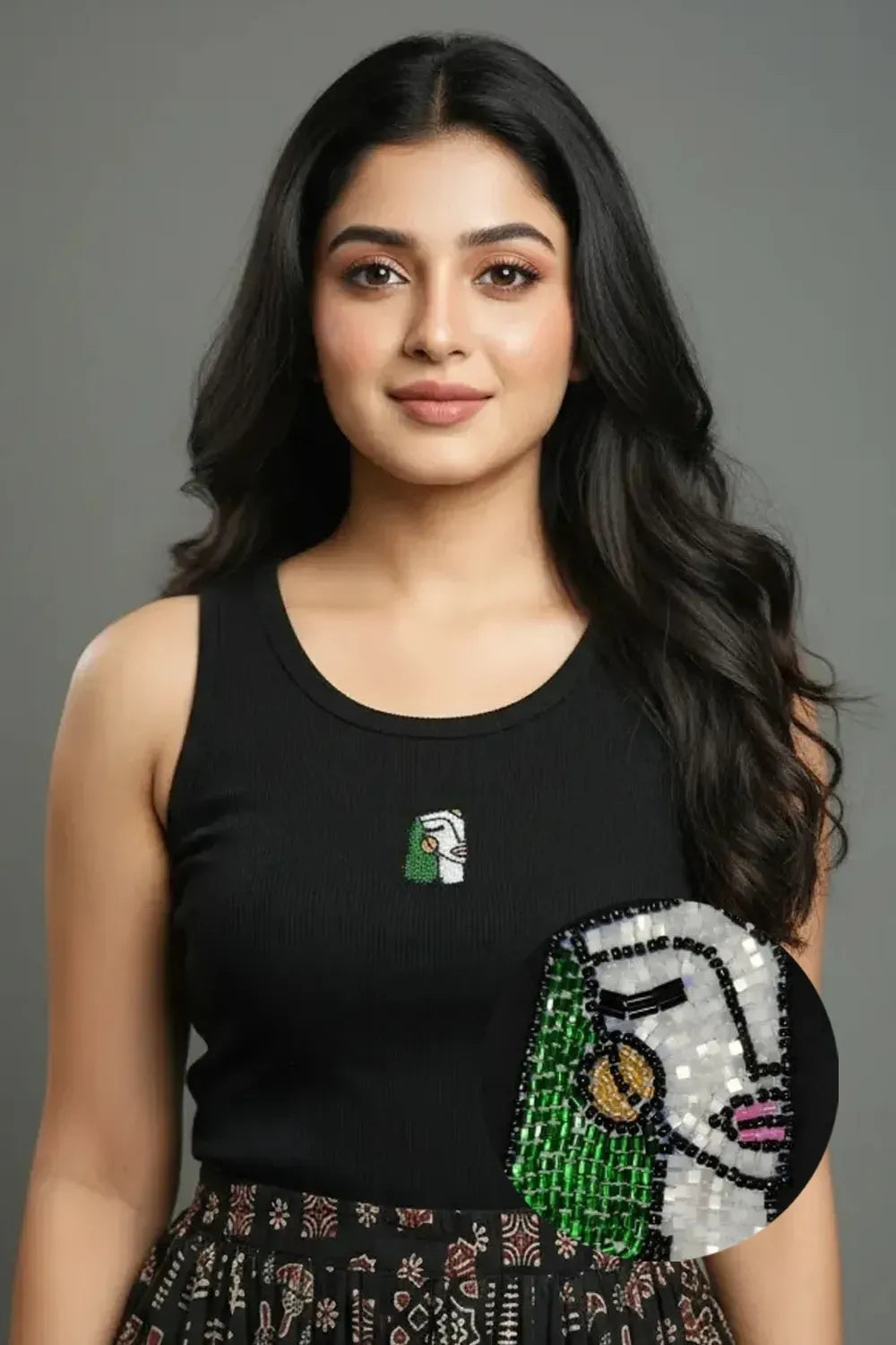 Women's Black Rib Tank with Artisan Beaded Artwork