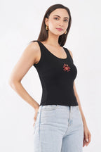 Black Cotton Beaded Crab Sleeveless Ribbed Party Tank Top For Women