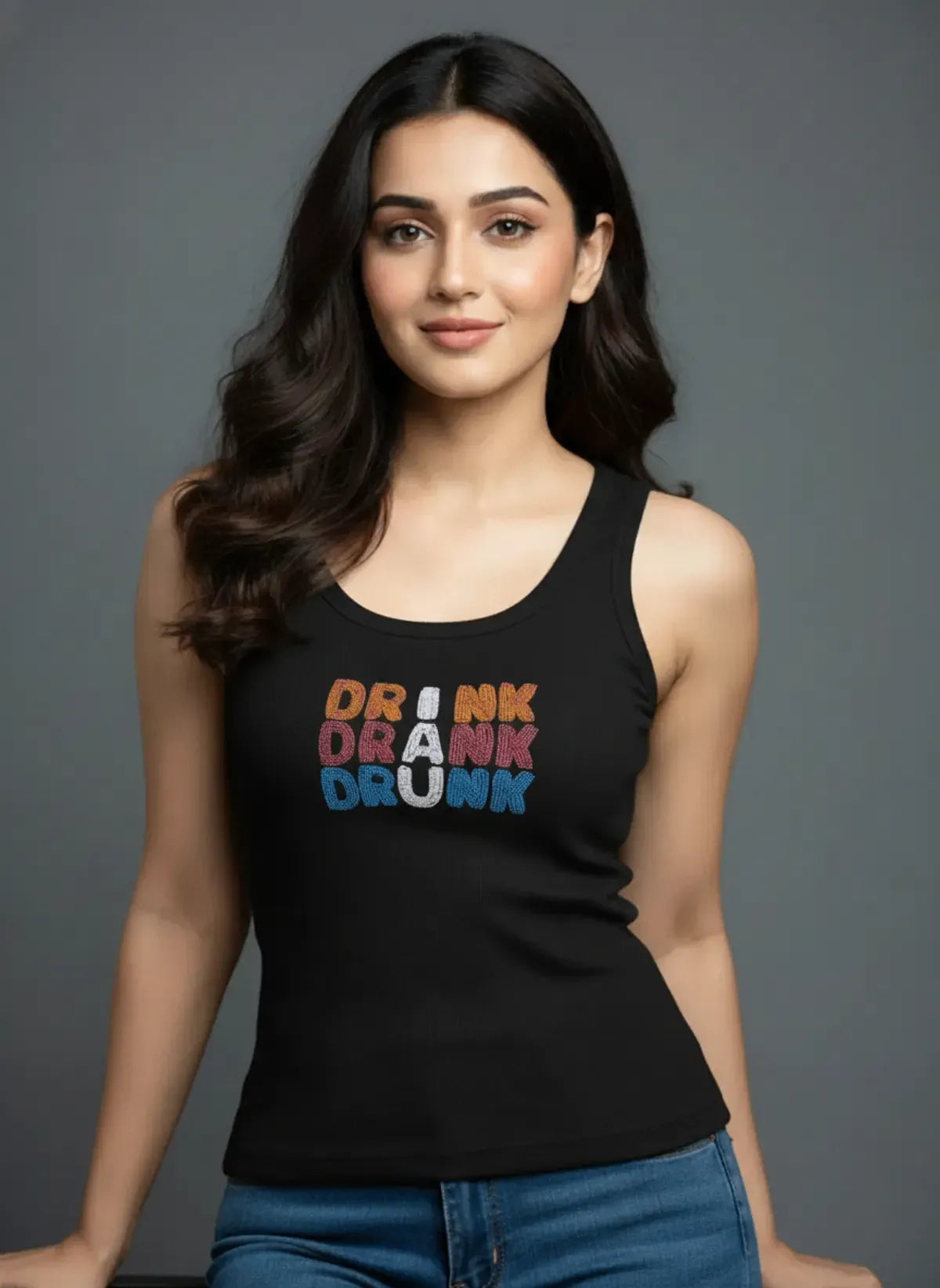 CherryPop Drink Drank Drunk Hand-Beaded Rib Tank Top for Women – Black