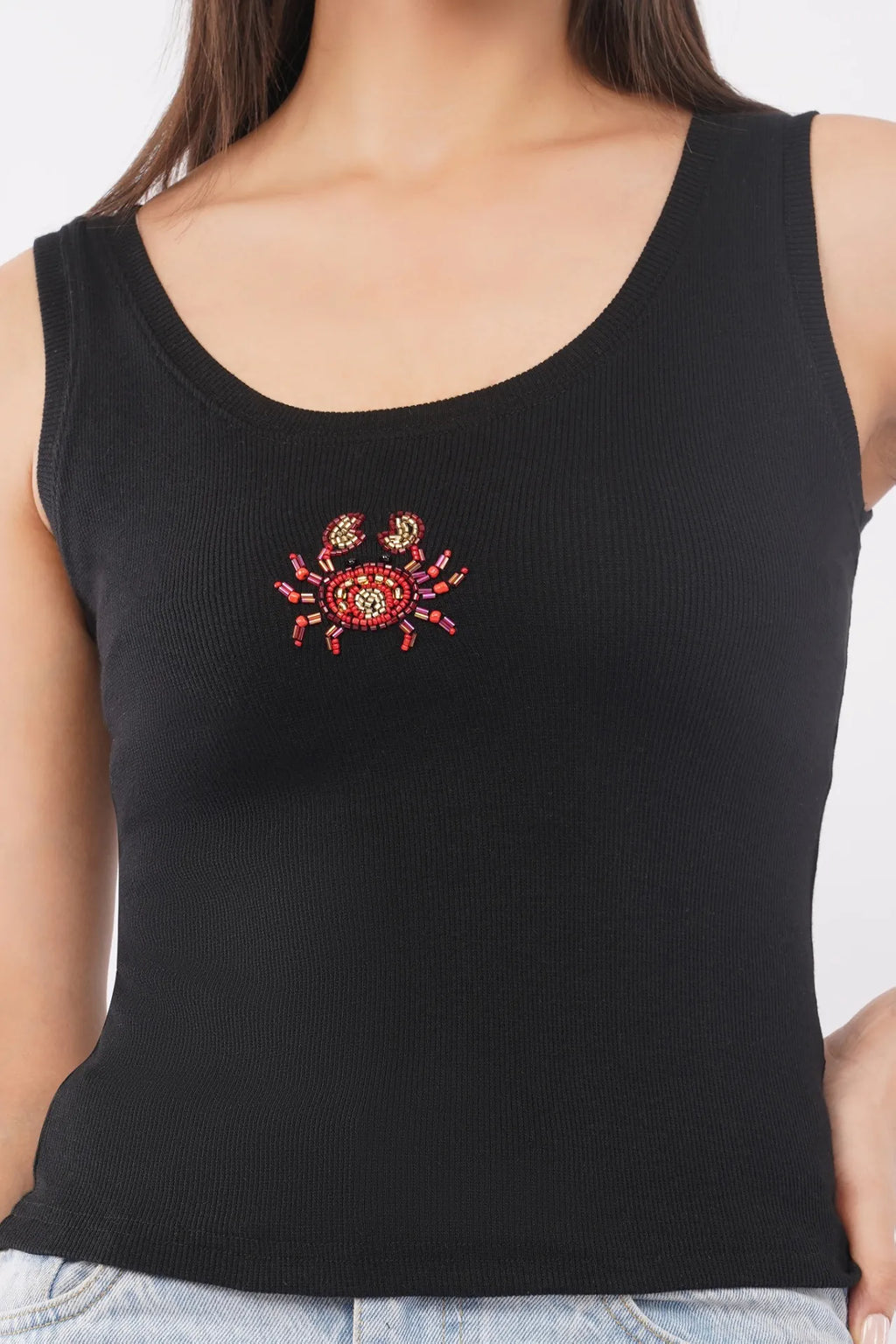 Black Cotton Beaded Crab Sleeveless Ribbed Party Tank Top For Women
