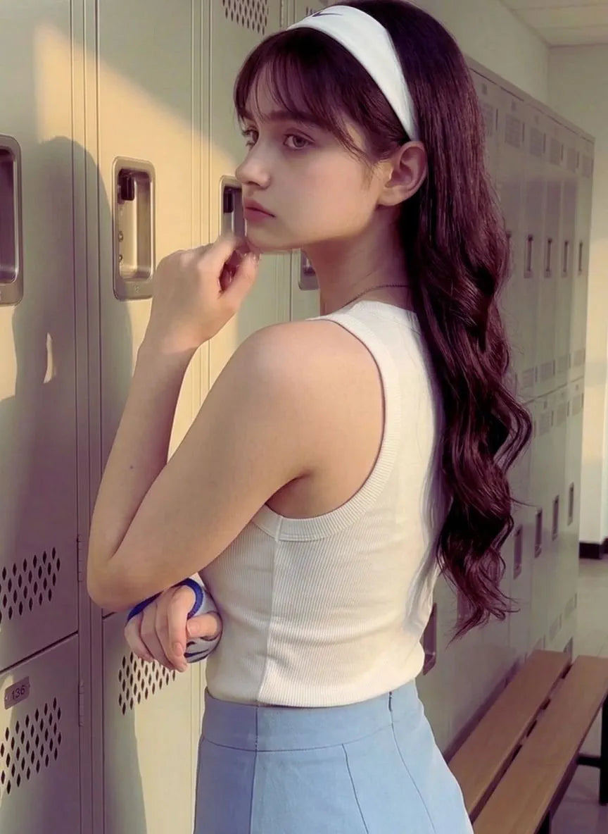 Woman standing in a locker room with lockers and a bench in the background
