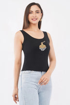 Women's black cotton rib tank top featuring a hand-beaded noodle bowl motif by CherryPop.