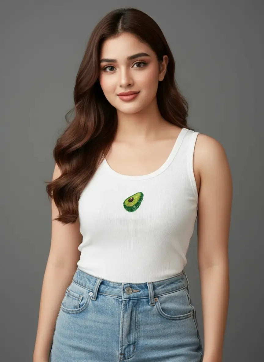 Women's Avocado Beadwork Sleeveless Rib Tank Top