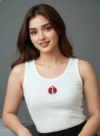 White Cotton Pomegranate Beaded Rib Tank Top for Women