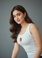 White Cotton Strawberry Hand Beaded Rib Tank Top for Women
