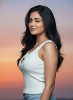 Women's white cotton ribbed tank top featuring a handcrafted orange blossom beaded motif by CherryPop.